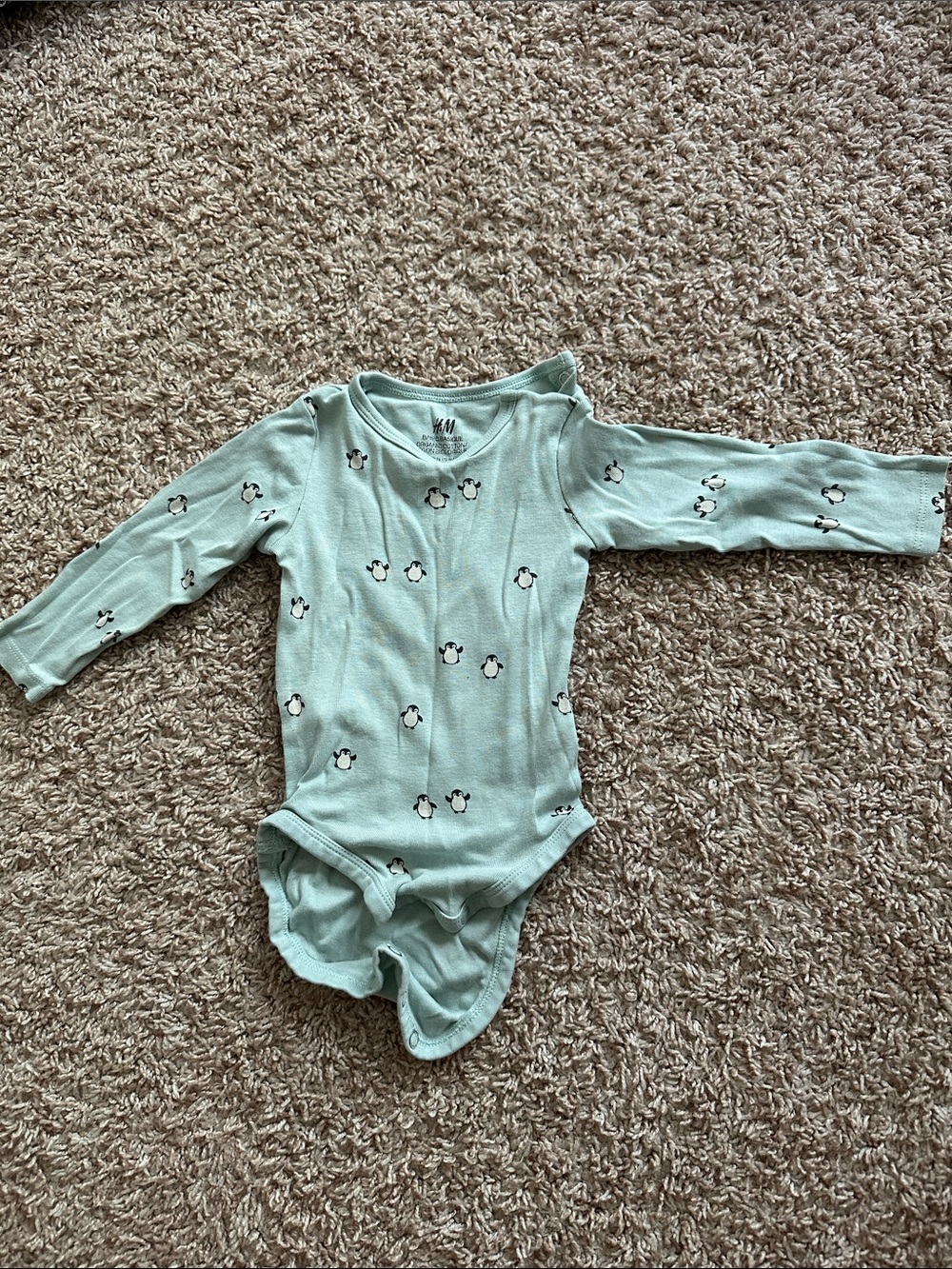 H&M Mint Green Long-Sleeve Penguin Print One-Piece